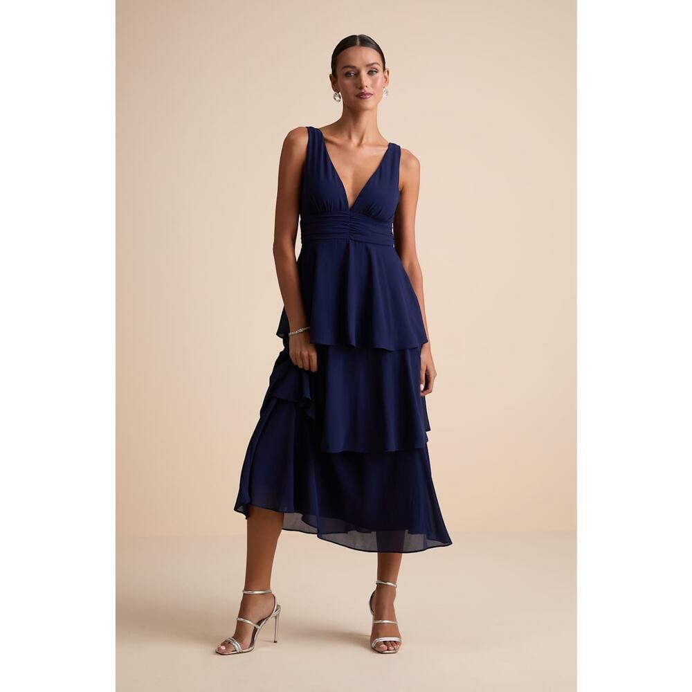 NWT lulus Celebration Time Navy Blue Sleeveless Tiered Midi Dress Holiday Sz M